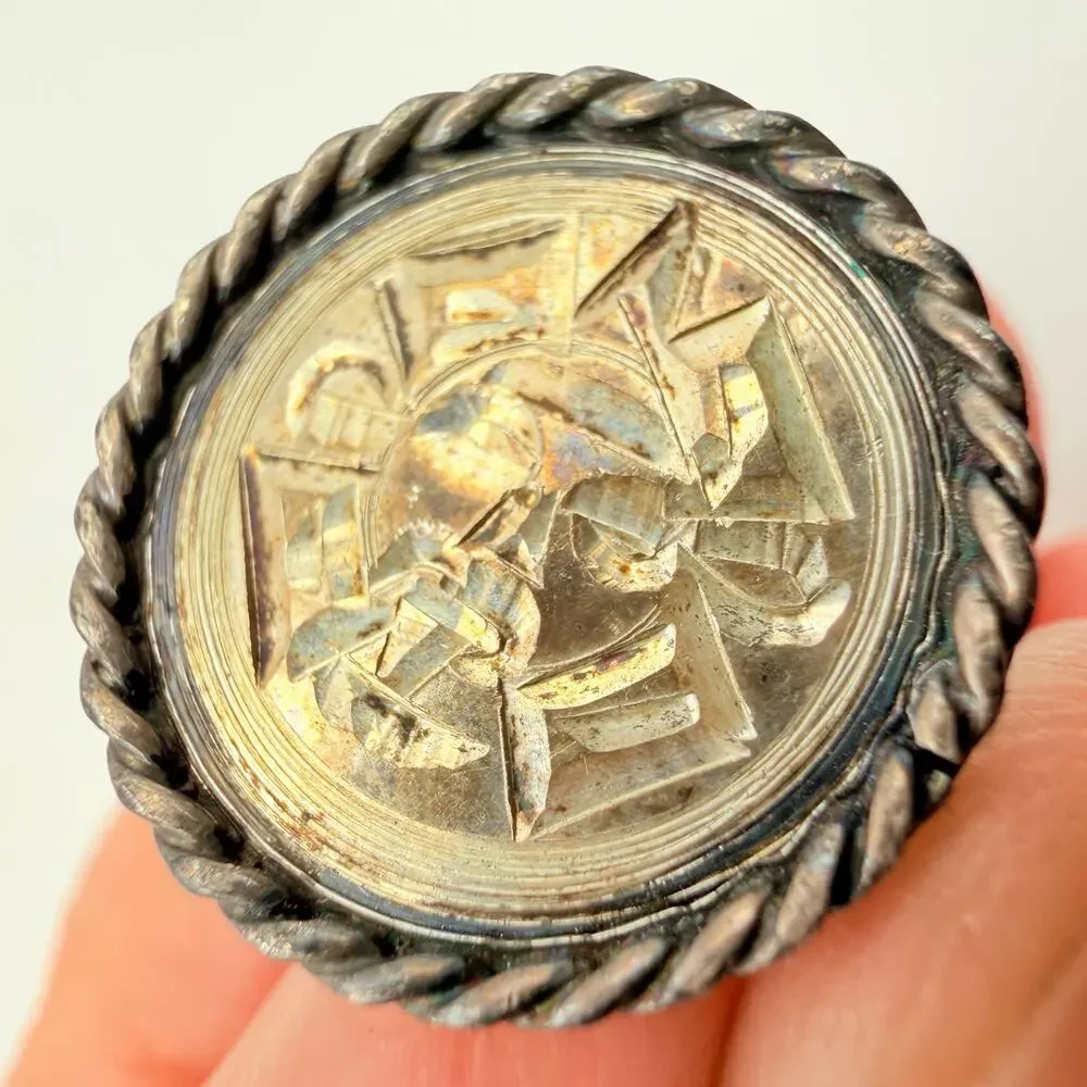 Vintage Mexico 925 Sterling Silver Ring Aztec Mayan Sun God Rope Frame Size 6
